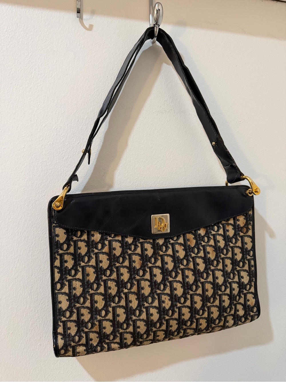 Dior Black and Beige Monogram Shoulder Bag with Gold Hardware
